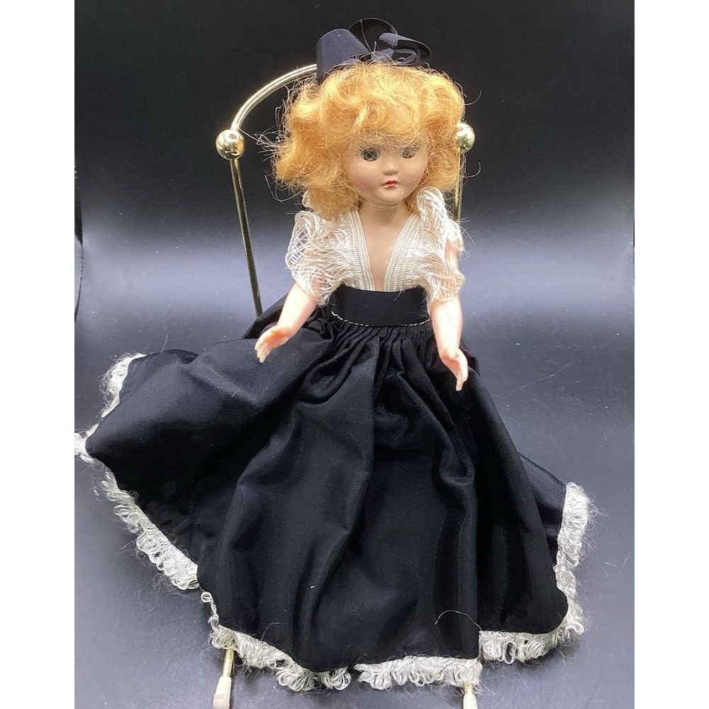 VTG Hard Plastic Sleepy‎ Eyed Girl Doll w/ Black & White Dress Collectible 8"